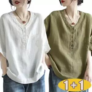 1+1 여성 캐주얼 브이넥 린넨 반팔 남방 셔츠 루즈핏 5부소매 면마 블라우스 데일리룩