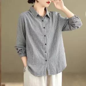 순면 칼라 긴팔 셔츠 여성 루즈핏 캐주얼 상의 이중 면사 이너 셔츠