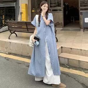여름 신상 루즈핏 캐주얼 체크 반팔 편안한 휴양지 롱 셔츠