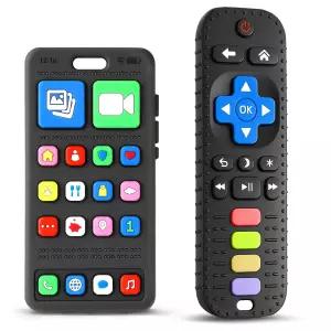 0-6개월 6-12개월용 BPA 프리 실리콘 2팩 원격 및 전화 치발기 다양한 질감으로 치아 발육 완화 아기 씹는