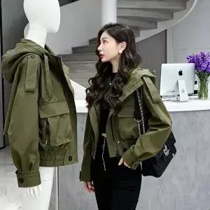 2026년 신상 여성 크롭 후드 카고 자켓 그린 유틸리티 코트 밴딩 밑단 스트릿웨어 가을 겨울 시크 아우터