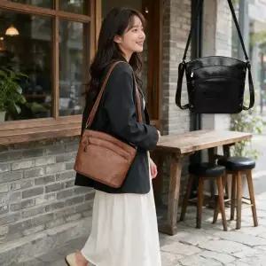 레더 크로스백 3단 지퍼 가죽 가방 데일리 외출 여행 보조 크로스