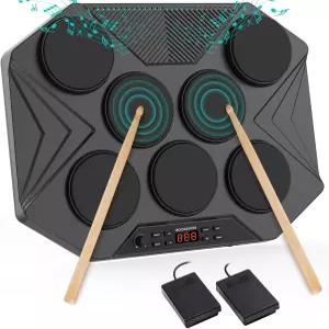 록소키 전자 테이블탑 드럼 세트 휴대용 디지털 키트 7 속도 민감 패드 LED 음악 레벨 라이트 USB-MIDI 맥