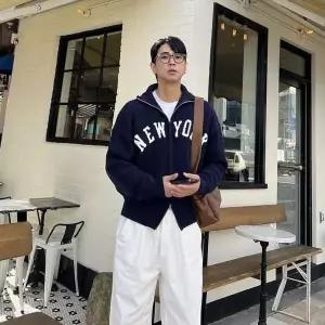 남자니트가디건 남자집업가디건 뉴욕레터링 오버핏