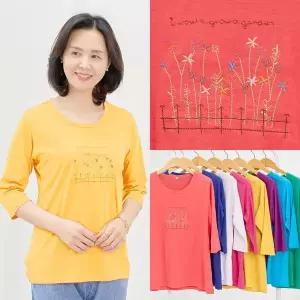 [마미소]엄마옷 꽃동산 티셔츠 반팔 7부 여름 면80 자수 라운드넥 할머니 빅사이즈 40 70.._P392104827