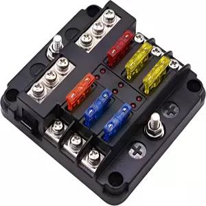 12볼트 퓨즈 블록 자동차용 접지 음극 버스바 6개가 장착된 방수 6방향 박스 100암페어 최대 LED 표시등