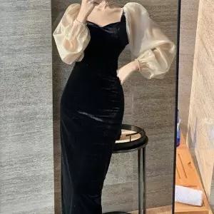 여성 럭스 벨벳 시스루 퍼프 원피스