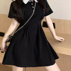하객원피스 하트 단추 카라 배색 A라인 반팔 원피스 블랙 e-2959B