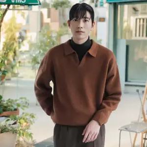 리리스잇 남성 카라 니트 가을 와플 하찌 오버핏 V넥 오픈 정장 스웨터