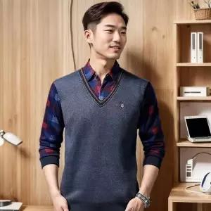 [리빌모아]남자 체크 셔츠 배색 니트 일체 레이어드 DMES KNA STS14265751 R_P437674846