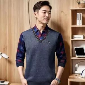 [하프클럽/]남자 체크 셔츠 배색 니트 일체 레이어드 DMES-KNA-STS14265751-R