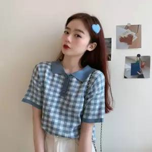 보따리D 여성 넥카라 반크롭 여름 니트티셔츠 단추 니트반팔티