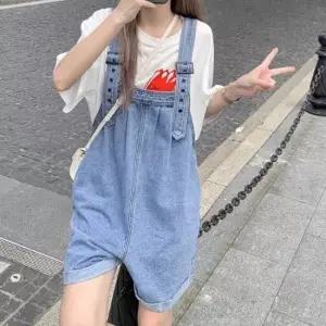 멜빵패션 여성 연청 데일리 청 데님멜빵바지 통 멜빵반바지
