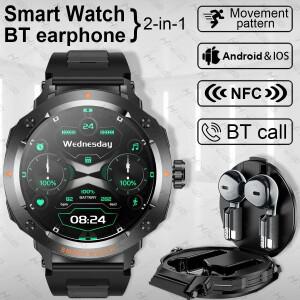 2025 뉴스마트워치 BT 이어폰 2-in-1 NFC 블루투스 통화 남성용 시계 GPS 트랙 심박수 모니터 음악 재생 선