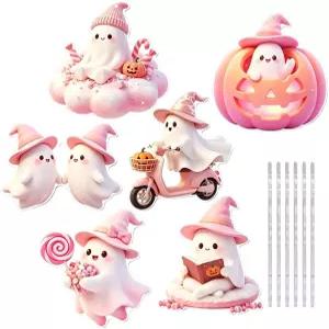 할로윈 트리 고스트 오너먼트 6개입 2D 아크릴 피규어 크래프트 롤리팝을 든 유령 장식 벽난로 파티 도어