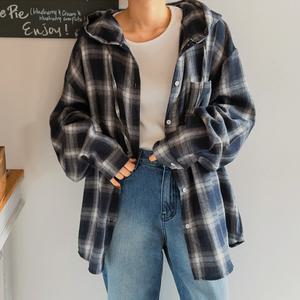 체크 후드 남방 오버핏 여성 빅사이즈