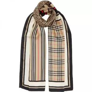 BURBERRY  Monogram Icon Stripe and Check Print Silk Scarf (8011951) (모노그램 아이콘 스트