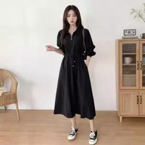 오피스원피스 캐주얼 허리조임 앞지퍼 카라 롱원피스