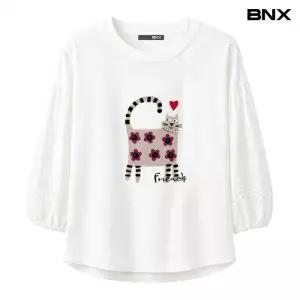 캣 캐릭터 자수 소매 밴딩 반팔 티셔츠 (BY3TS001L0)