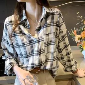 체크남방 카라셔츠 데일리룩 블라우스 여성셔츠 롱셔츠 짝꿍닷컴