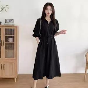 KAA 2677 여자프론트지퍼카라롱원피스 블랙 셔츠원피스 하객룩 외출복 출근룩 B6FDA