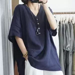 여성 린넨 오버핏 브이넥 셔츠 블라우스 5부 소매 면마 롱 남방 빅사이즈