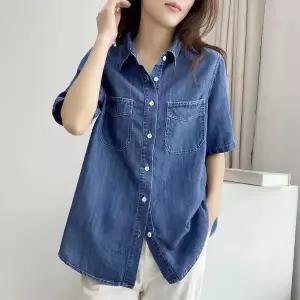 여성 데님 카라넥 버튼 반팔 더블포켓 롱기장 루즈핏 데일리 셔츠