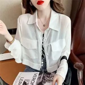여성 봄 여름 크롭 얇은 긴팔 셔츠 캐주얼 루즈핏 플랩 포켓 디자인 빅사이즈 단톤 하객룩 오피스 남방 K32