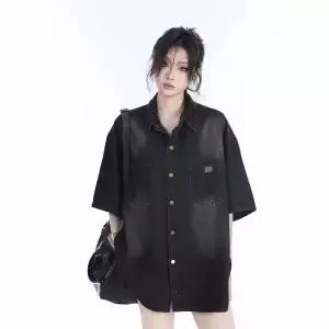 여름 여성 데님 반팔 셔츠 빈티지 워싱 루즈핏 반팔 셔츠 코트 캐주얼 여자 반팔 청남방 LCL