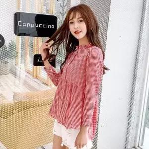 여성 스탠드칼라 체크 패턴 루즈핏 버튼 디테일 셔링 포인트 긴팔 셔츠 D00801561