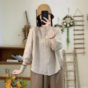 여성 반팔 면 마 셔츠 캐주얼 라운드 남방 기질 얇은 아우터 빈티지 린넨 면 마 7부 셔츠 빅사이즈 CY