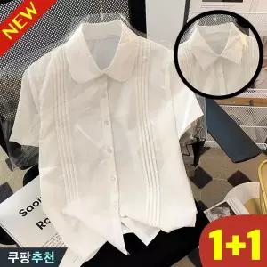 (신상 추천) 1+1 날씬해보이는 여성 카라 아코디언 주름 교복 반팔 셔츠 블라우스 여름 편한 스위트 스쿨룩