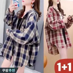 (완전 추천) 85kg까지 1+1 빅사이즈 여성 후드 체크 하프 셔츠 가디건 봄 가을 신상 루즈핏 트렌드 가벼운