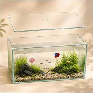 중앙 급이구가 있는 투명 유리 수조 커버 클립이 달린 어항 뚜껑(L 30 x W 28 cm)