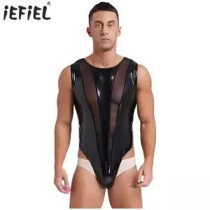 Mens Wet Look 가죽 바디 슈트 민소매 메쉬 패치 워크 Buttoned Crotch Leotard Jumpsuit 폴 댄스 의상