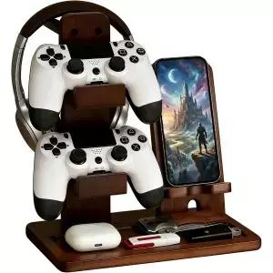 Velavow 나무 헤드셋 컨트롤러 스탠드 홀더 게이머 선물 책상용 게이밍 정리 랙 게임패드 Xbox PS4 맞춤