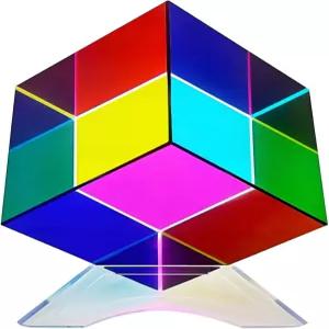 QFkris 스탠드가 포함된 유리 혼합 색상 큐브 2.4인치 매직 프리즘 과학 및 교육용 Xcub 데스크톱 장식용