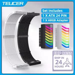 TEUCER PSU 연장 케이블 전선가리개 키트 컴퓨터 용 ATX 24Pin 90도 ARGB 어댑터가있는 350mm 연장 전원 공