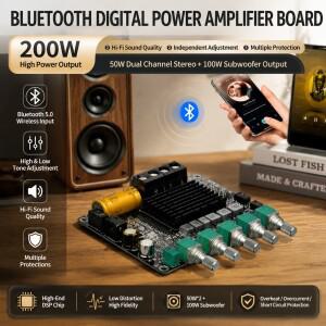 MT21 BT5.1 2.1CH 디지털 앰프 보드 50W×2+100W 서브우퍼 DC12-24V 고음 및 저음 제어 AUX 다중 보호 DIY