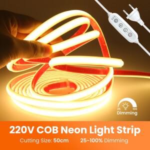 디밍 가능 COB LED 스트립 라이트 접착 테이프 220V 디머 스위치 EU 전원 키트 288 3000K 플렉스 실리콘 튜