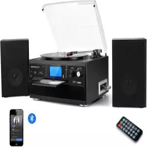DIGITNOW 블루투스 레코드 플레이어 턴테이블 스테레오 스피커 포함 LP 바이닐 MP3 변환기 CD 카세트