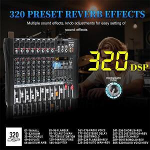 BOMGE 프로페셔널 8채널 오디오 믹서 DJ 콘솔 320 DSP 블루투스 USB 48V 팬텀 파워 7밴드 EQ REC 출력 Aux