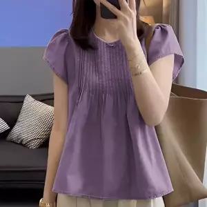 여성 여름 얇은 순면 셔링 주름 플리츠 라운드넥 허리라인 루즈핏 베이직 기본 반팔 셔츠 남방 반팔티 상의