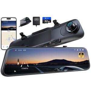 Pelsee P12 Pro 4K 미러 대시 캠(ADAS 및 BSD 포함), 5.8GHz WiFi 20MB/s 다운로드, 후면 뷰 카메라 전면 1080P 후면, 음성 제어, GPS, 컬러 나이트 비전, 12인치 터치스크린, 32G 메모리 카드