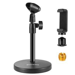 BILIONE 3 IN 1 데스크탑 마이크 스탠드 높이 조절 가능한 테이블 스탠드 | 철제 재질 1파운드 원형 받침대 클립 포함 휴대폰 클립 팟캐스트 라이브 스트리밍 녹음을 위한 5/8