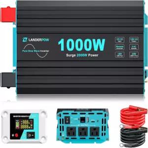 LANDERPOW 1000와트 순수 사인파 인버터 자동차 캠핑 태양광 RV 트럭 가정용 파워 12V DC 120V AC 3개의