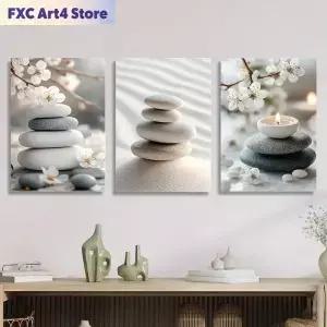 Frameless3pcs Unframed canvas print art Zen purify mind poster yoga Beautiful pebble beach on gray