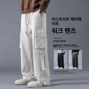 꾹점2 남성 봄 가을 플러스사이즈 멜빵 넉넉한 두께감의 캐주얼한 와이드 레그 드로스트링 스포츠 바지