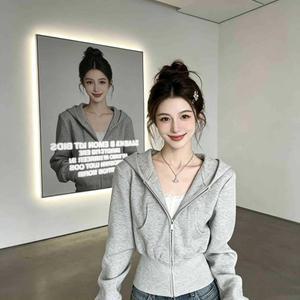 원픽 여성 회색 짧은 후드 티셔츠 봄 가을 지퍼 카디건 슬리밍 탑