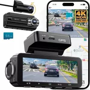 대시 캠 프론트 4K 내장 5G WiFi GPS 음성 제어 3.39인치 IPS 화면 듀얼 카메라 차량용 64GB SD 카드 슈퍼